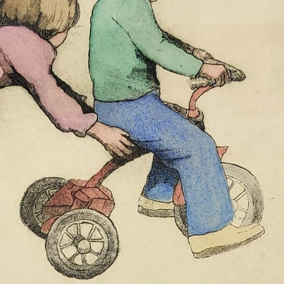 Tricycle Print Signed Matted Framed Numbered 8/150 Drawing Kids Siblings Friends - Picture 10 of 16